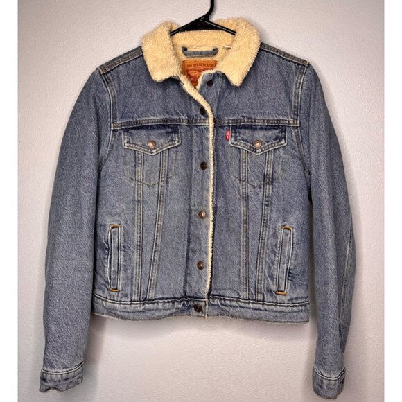 Levis Women SZ M Sherpa Trucker Denim Cotton Jacket Casual Rodeo - Picture 1 of 8